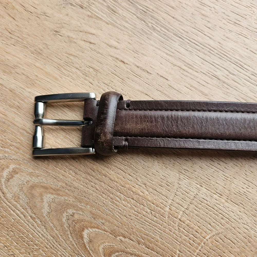 Cole Haan Brown Leather Belt Mens Size 34 Silver Buckle Classic Business Minimal